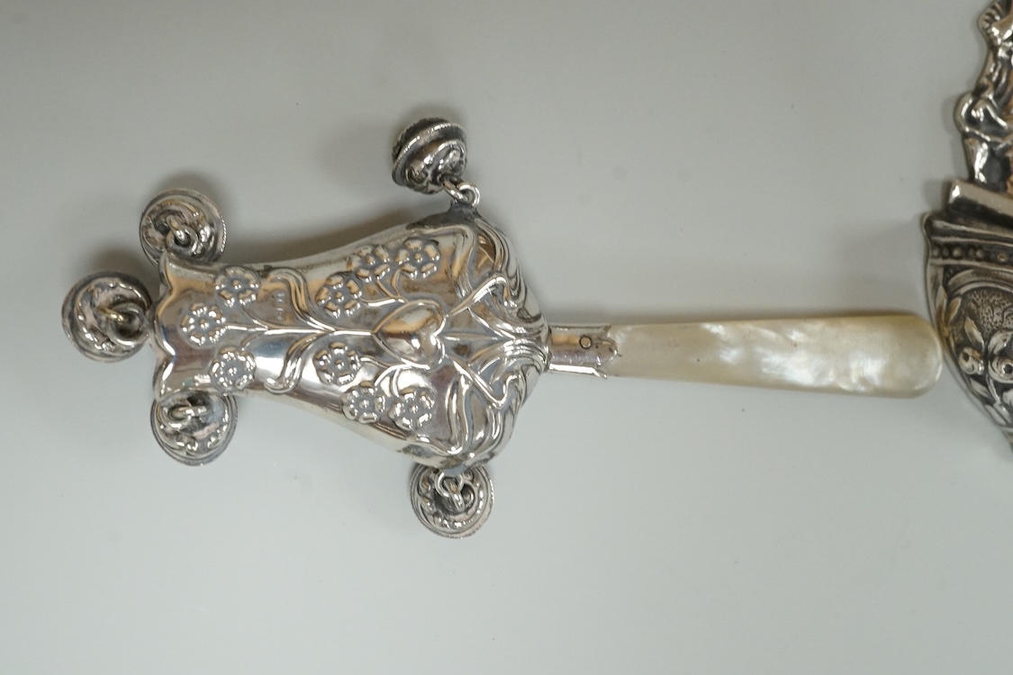A late 19th century French small white metal Holy Water stoop, 11.4cm, together with a Victorian silver and leather mounted glass hip flask(a.f.), a late Victorian silver 'grenade' lighter by Sampson Mordan & Co, two sil
